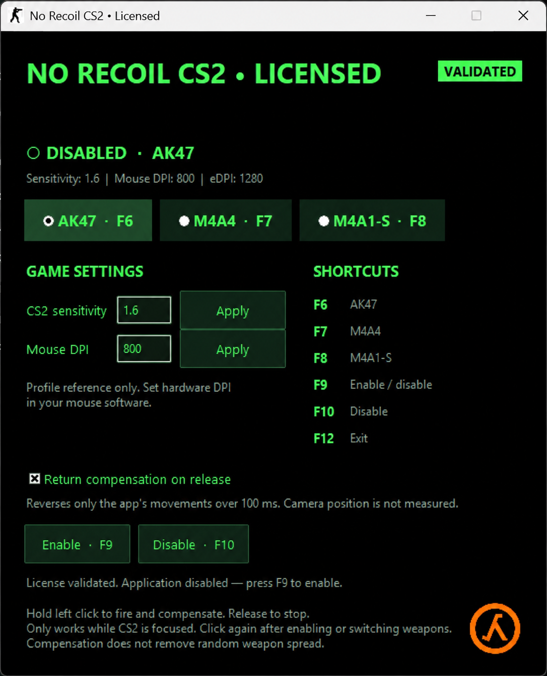 Current No Recoil CS2 interface with mouse DPI, sensitivity, weapon profiles and shortcuts